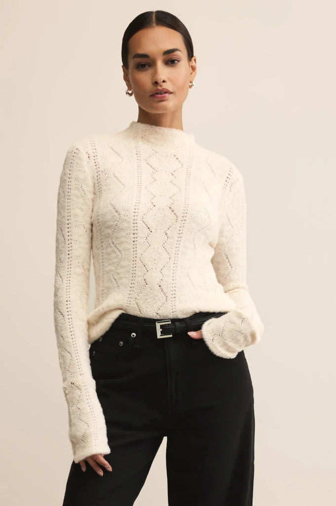lightweight knit mock neck, delicate textured sweater, cozy winter sweater women, chic knit top, elevated winter basics, boutique knit sweater, feminine textured sweater
