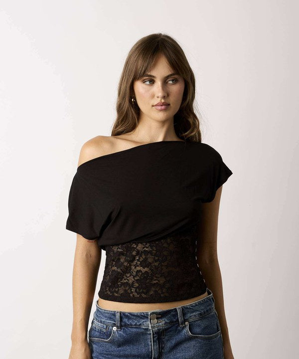 Beautiful Chaos Off The Shoulder Lace Top in Black, front view