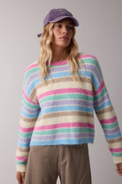 pastel stripe sweater, fuzzy knit sweater, women’s striped sweater, cozy sweater, boutique knitwear, casual everyday sweater, soft knit sweater, fall layering sweater