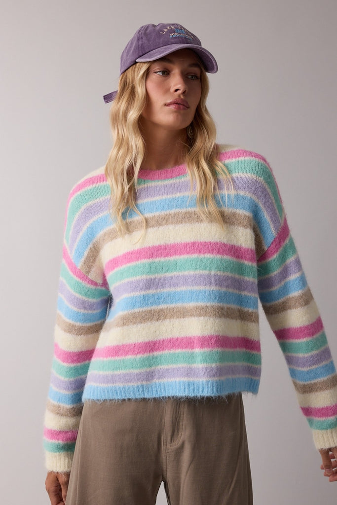 pastel stripe sweater, fuzzy knit sweater, women’s striped sweater, cozy sweater, boutique knitwear, casual everyday sweater, soft knit sweater, fall layering sweater