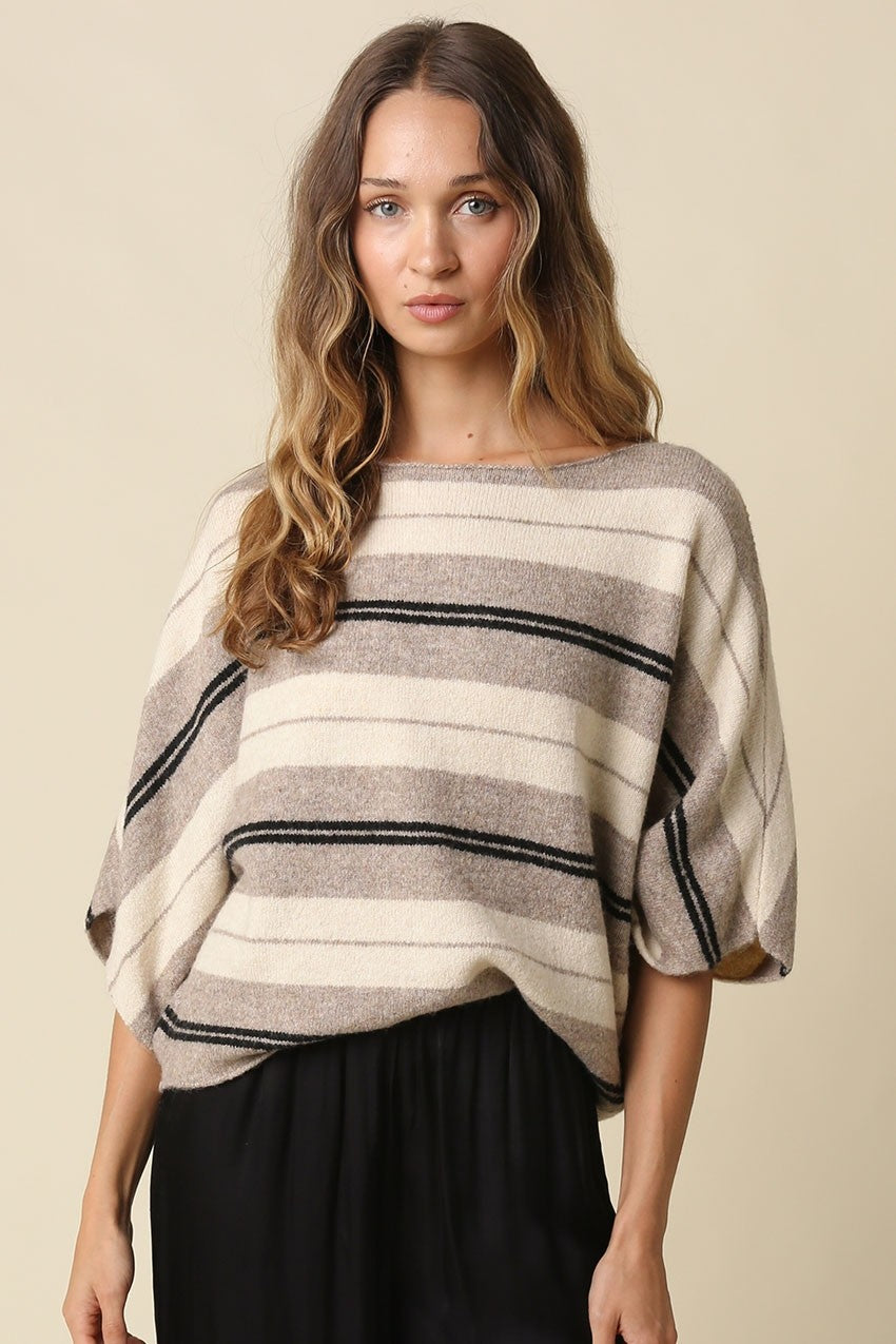 Striped knit sweater with a boat neckline, relaxed fit, and elbow-length dolman sleeves.