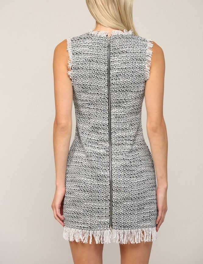 Fate Lurex Tweed Dress Black Multi. This sleeveless tweed dress features a high neck design with front pockets and a frayed hem for a polished and sophisticated look perfect for day or night.