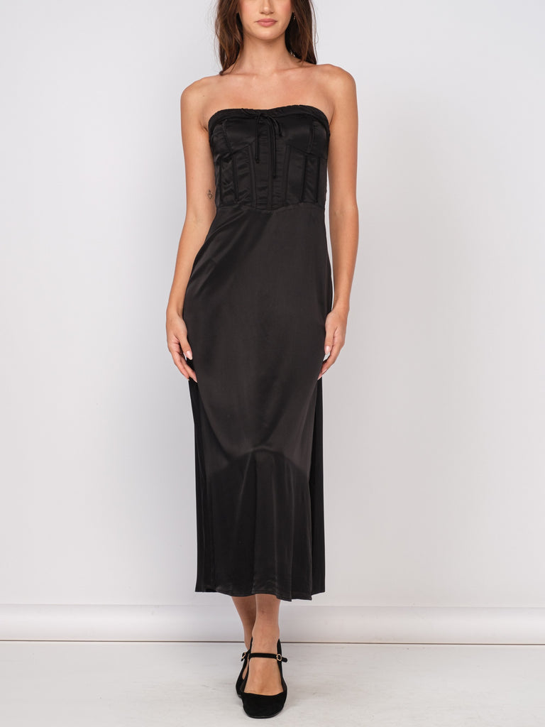 Ava Corset Satin Maxi Dress Black. This strapless satin maxi dress features a corset style bust and a zip back closure, perfect for looking chic at any special occasion.