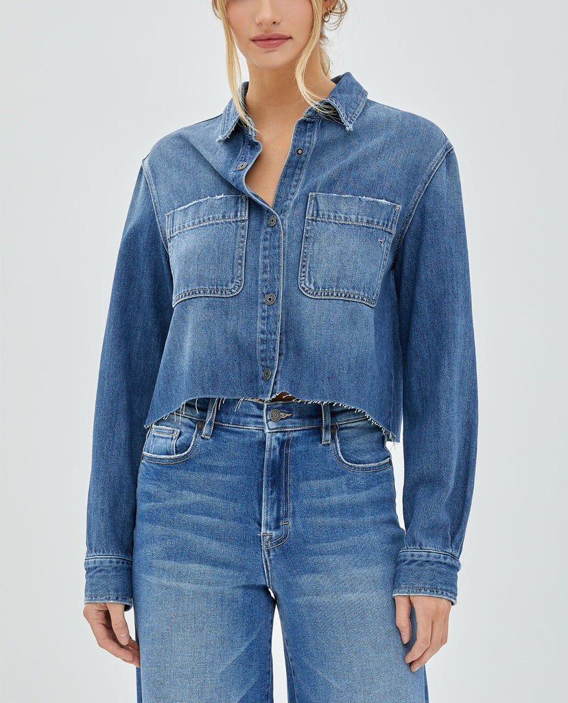 Hidden Crop Shirt Jacket Medium Dark. This cropped denim shirt can be worn button downed on its own as a top or open as a light jacket, the medium blue wash looks great on everybody.