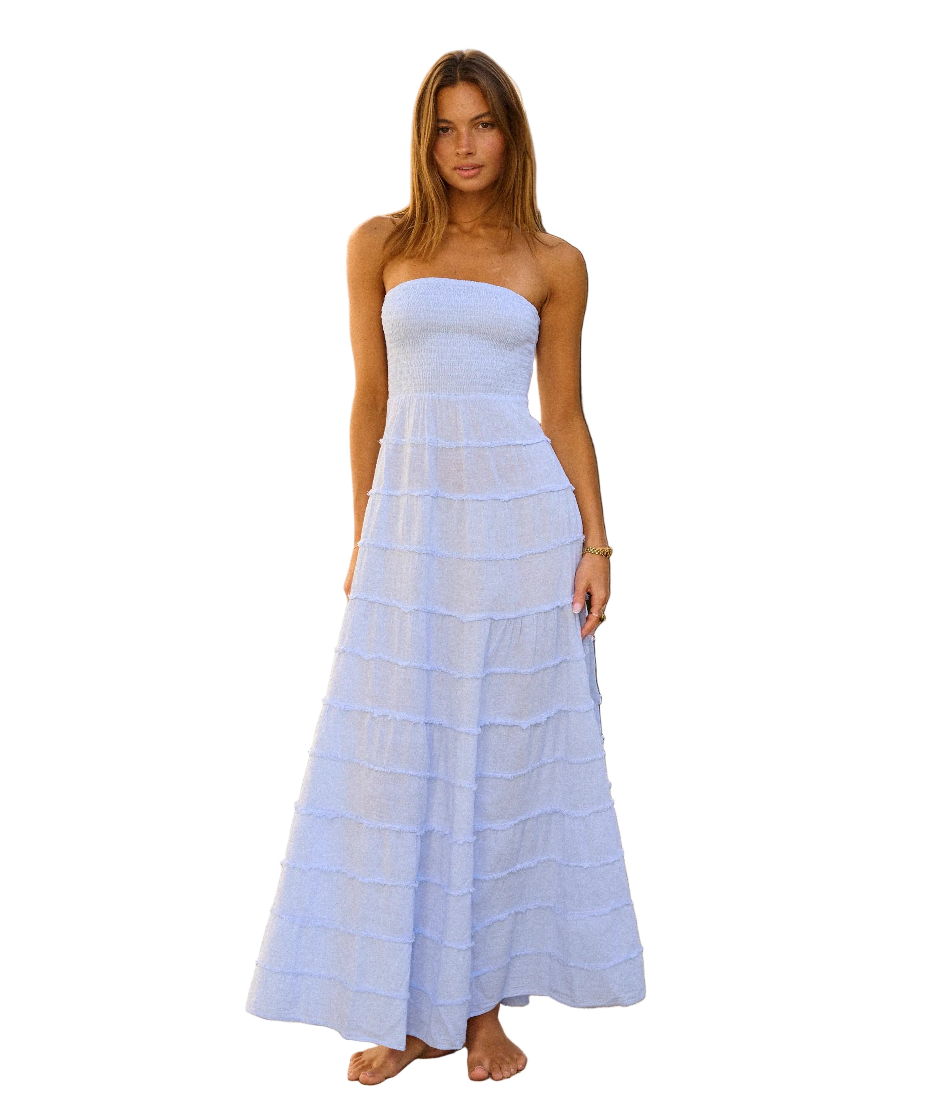 strapless maxi dress, women’s maxi dress, smocked maxi dress, tiered maxi dress, boutique women’s dresses, vacation maxi dress, wedding guest dress, summer occasion dress, flowy maxi dress, elegant women’s dress
