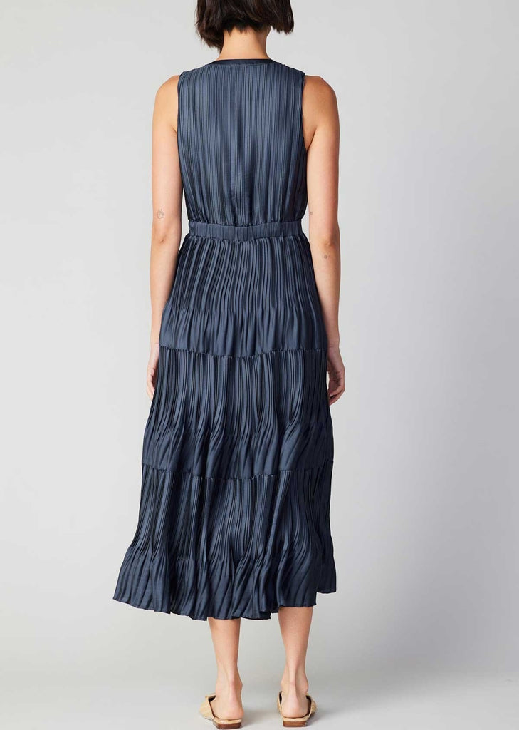 Current Air Pleated Maxi Dress Slate Navy. This pleated&nbsp;sleeveless maxi dress features a split neck with button closure, the perfect mix of casual and elegant making it so easy to dress up or down.