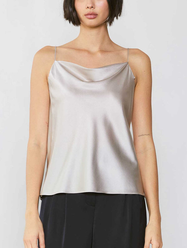 Current Air Cowl Neck Cami Champagne. A softly draped cowl neckline emphasizes the slinky shape of this sexy cami top suspended by teeny spaghetti straps. Minimalist in style, maximum allure.