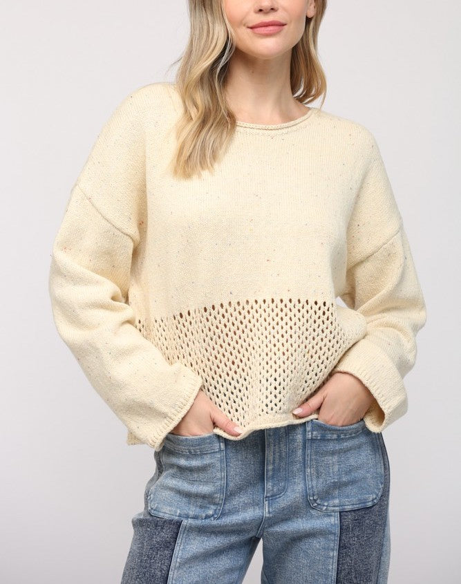 Fate Drop Shoulder Sweater Cream. This cozy drop shoulder sweater features an open knit bottom for a cool update to your basic sweater, the perfect neutral piece for pairing with jeans.