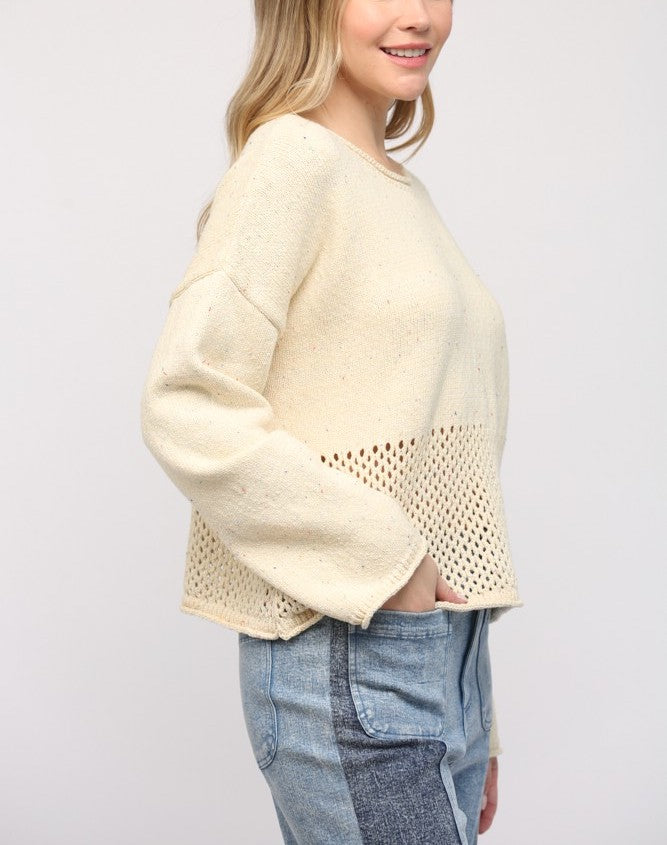 Fate Drop Shoulder Sweater Cream. This cozy drop shoulder sweater features an open knit bottom for a cool update to your basic sweater, the perfect neutral piece for pairing with jeans.