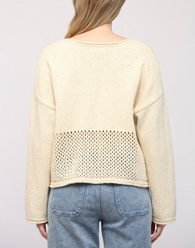 Fate Drop Shoulder Sweater Cream. This cozy drop shoulder sweater features an open knit bottom for a cool update to your basic sweater, the perfect neutral piece for pairing with jeans.