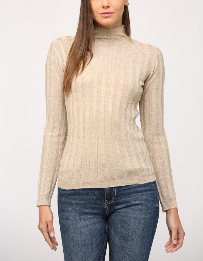 Fate Metallic Mock Neck Sweater Sand Cream. This mock neck sweater features a wide rib design with a subtle shine throughout, perfect for wearing tucked into your fav jeans for an effortless cute look.