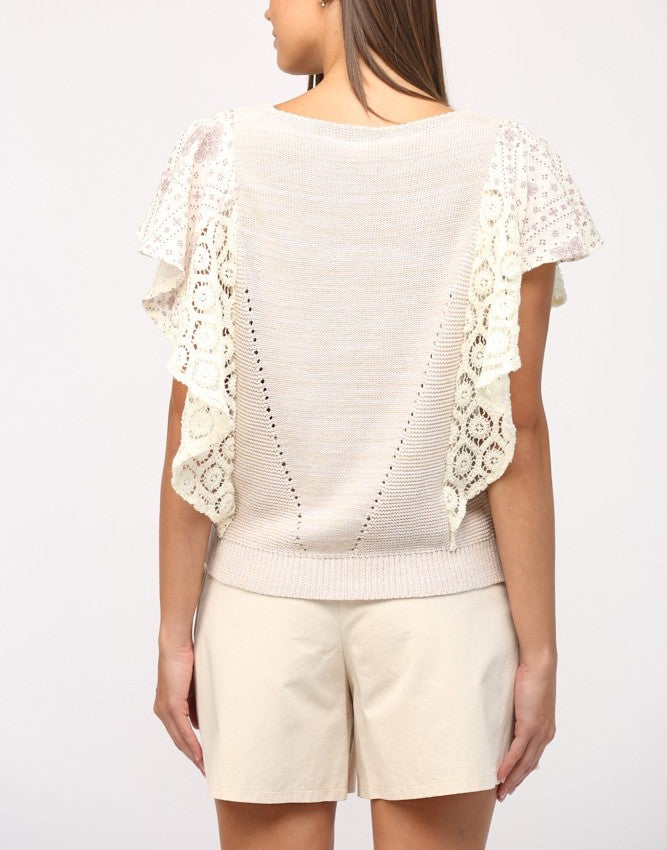 Fate Flutter Sleeve Top Taupe. This pretty feminine top features a flutter lace sleeve and v-neckline, the perfect mix of preppy and boho that you can throw on with jeans for an effortless chic look.