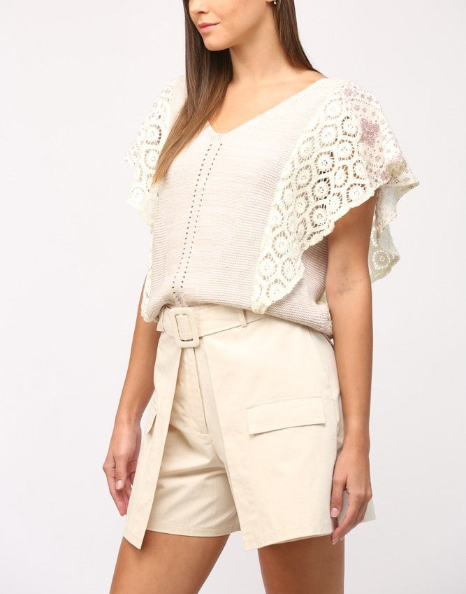 Fate Flutter Sleeve Top Taupe. This pretty feminine top features a flutter lace sleeve and v-neckline, the perfect mix of preppy and boho that you can throw on with jeans for an effortless chic look.