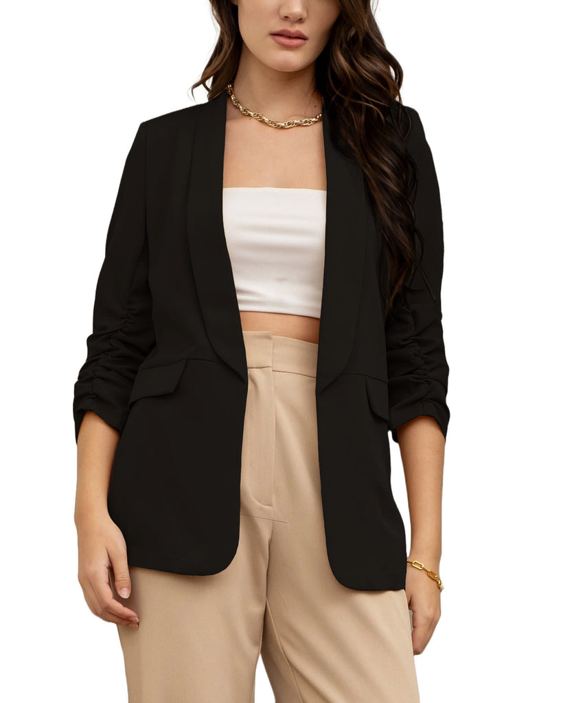 Beautiful Chaos Ruched Sleeve Blazer Black. This blazer features a shawl collar with an open front, flap pockets and ruched sleeves, the perfect basic to have in your rotation to add a touch of sophistication to any look.