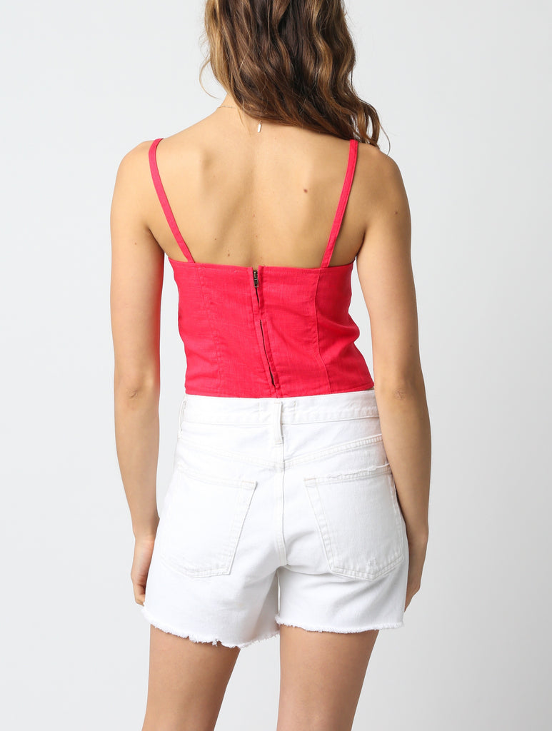 Ladonna Corset Bodice Tank Red. This sleeveless corset style top features a square neckline with a zip close back and curved hem, dress it up with a skirt and heels or down with sneakers and jeans.