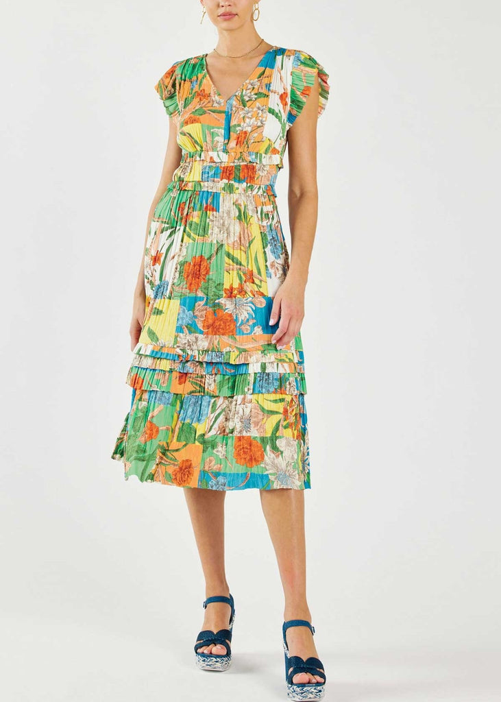 Current Air Floral Midi Dress Multi Floral Print. This midi dress features a floral print with a v-neckline and pleated design, the perfect sunny dress to bring some cheer to your outfit and your day.