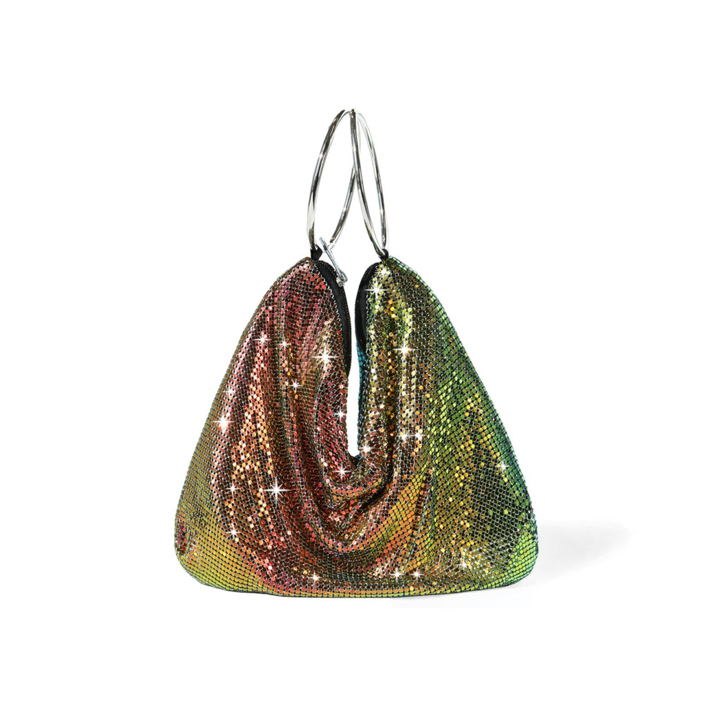 Drape Chainmail Bag Rainbow. Stand out with this one of a kind draped chainmail bag, featuring a double loop metal handle and a zip close top, the perfect bag for a night out.