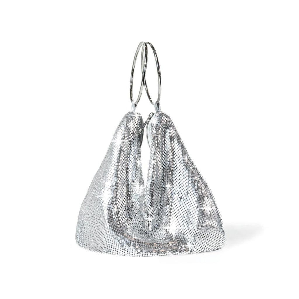 Drape Chainmail Bag Silver. Stand out with this one of a kind draped chainmail bag, featuring a double loop metal handle and a zip close top, the perfect bag for a night out.
