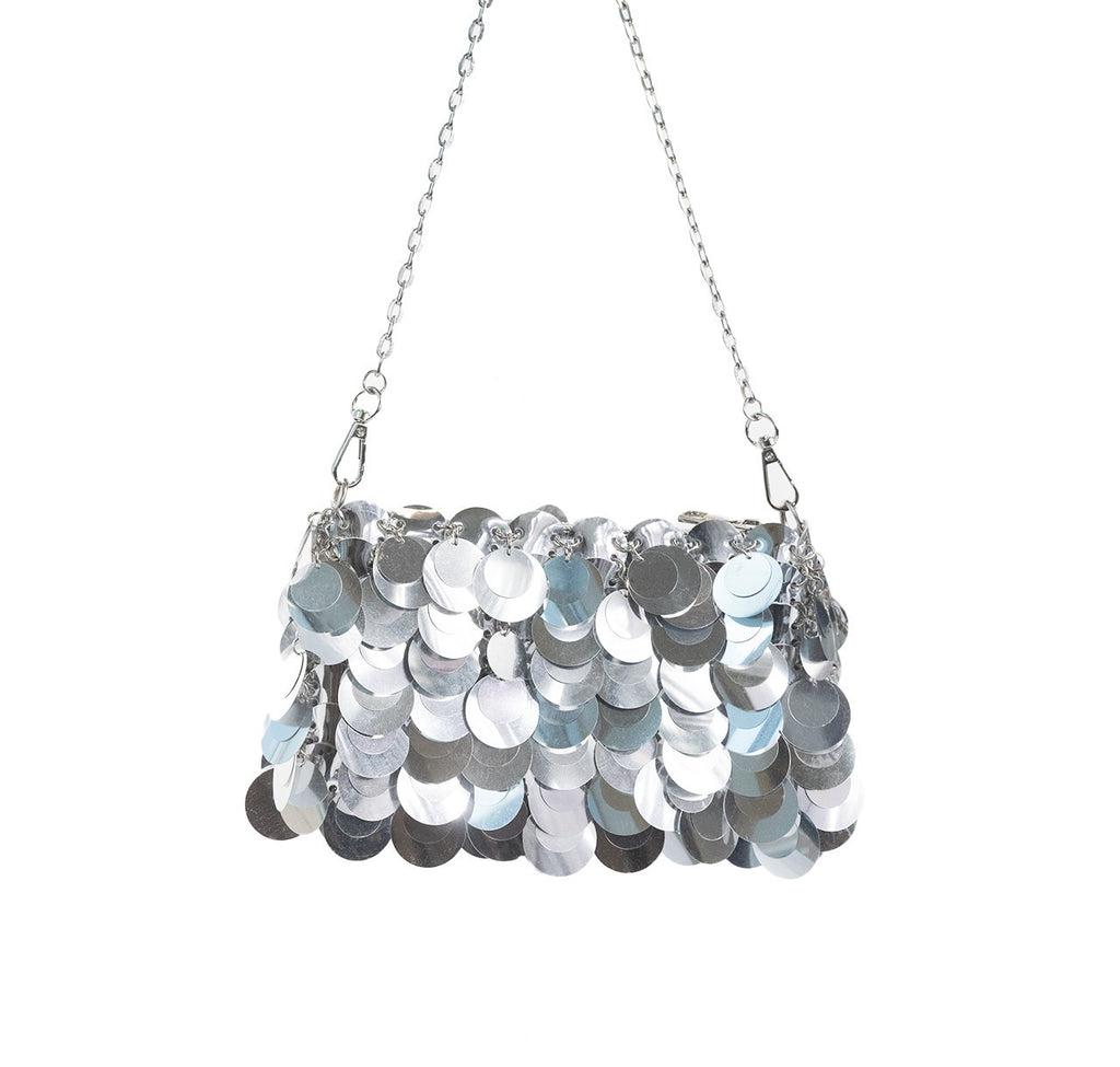 Sequin Chain Bag Silver and Black. Make a statement with this sequin chain bag, with a removable chain strap that allows you to wear it as a clutch or a crossbody to match any look.