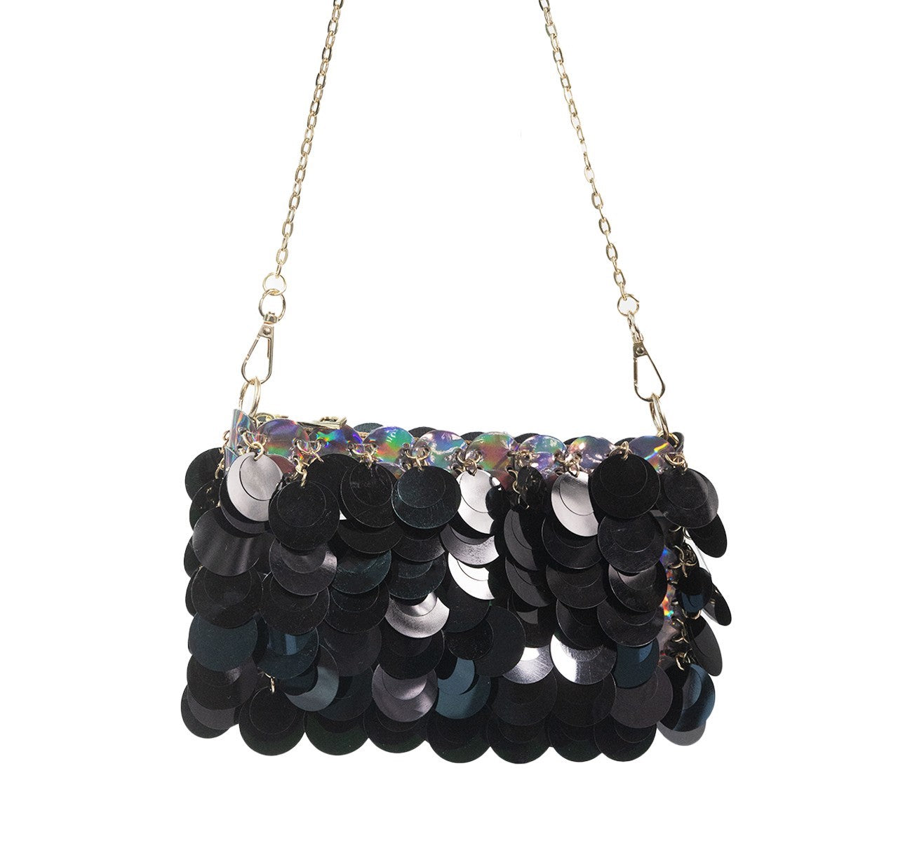 Sequin Chain Bag Silver and Black. Make a statement with this sequin chain bag, with a removable chain strap that allows you to wear it as a clutch or a crossbody to match any look.