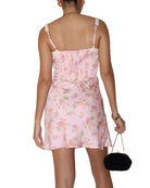 Maisie Floral Lace Trim Mini Dress Rose Pink. This adorable floral print satin mini dress features lace ribbon trim with a bustier style bodice and adjustable straps, perfect for a spring night out.