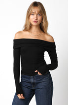 off shoulder top, rib knit top, off shoulder long sleeve top, fitted knit top, fold over neckline top, casual knit top, everyday long sleeve top