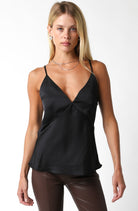 black satin cami, v neck camisole, silk look tank, date night top, sleek black top, satin wrap cami, Whim top, women’s evening cami, going out outfit, minimalist chic top