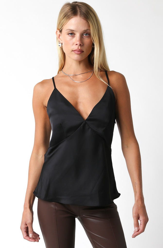 black satin cami, v neck camisole, silk look tank, date night top, sleek black top, satin wrap cami, Whim top, women’s evening cami, going out outfit, minimalist chic top