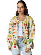veggie ardigan women, novelty knit cardigan, colorful sweater cardigan, playful cardigan women, statement knit cardigan, cozy graphic sweater, fun women’s sweater, casual layering cardigan