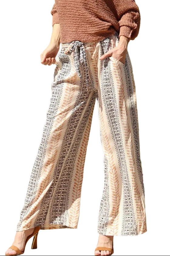 printed wide leg pants women boutique style, boho wide leg pants women, lightweight drawstring pants women, resort style pants women, relaxed fit boutique pants women, vacation outfit wide leg pants, comfortable flowy pants women, casual chic boutique bottoms, everyday effortless pants women, travel friendly wide leg pants