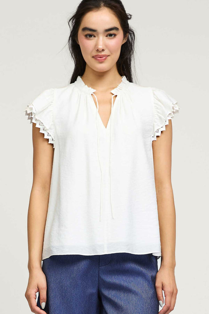 short sleeve tie v neck blouse with crochet trim