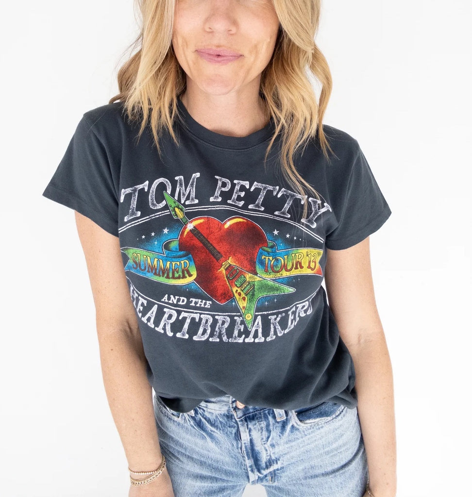 Day Dreamer Tom Petty Tour Tee Vintage Black. Headlining at major festivals, arenas and amphitheaters, this new tee in the rotation tributes Tom Petty's tour with their famous heart and guitar logo on the front, and show locations marked on the back.
