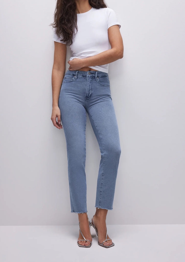 Good American Split Pocket Straight Jeans Blue. A high-rise vintage-inspired straight fit in smoothing denim, this will be your new favorite fit featuring a slimming fit and split back pocket detail.