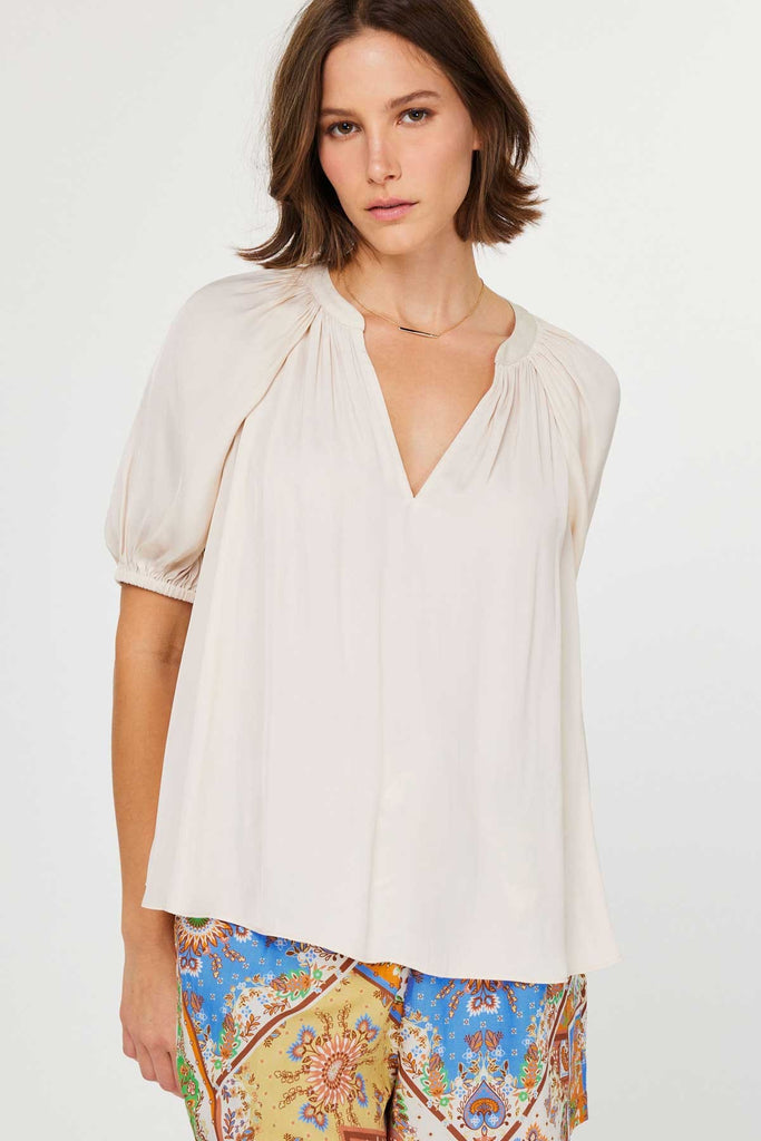 Half sleeve v-neck beige blouse