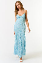 blue ruffle floral maxi dress