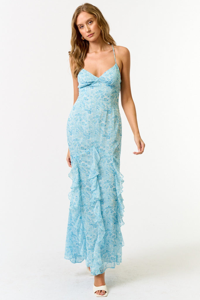 blue ruffle floral maxi dress