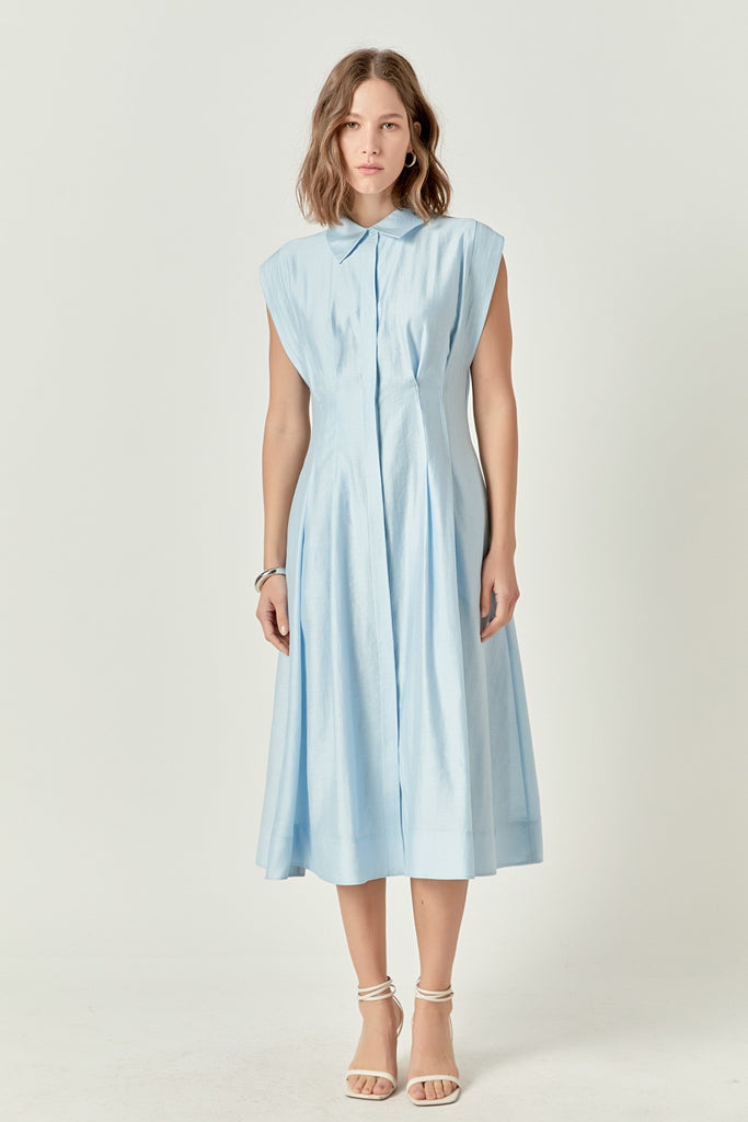 blue collared cap sleeve tencel midi dress