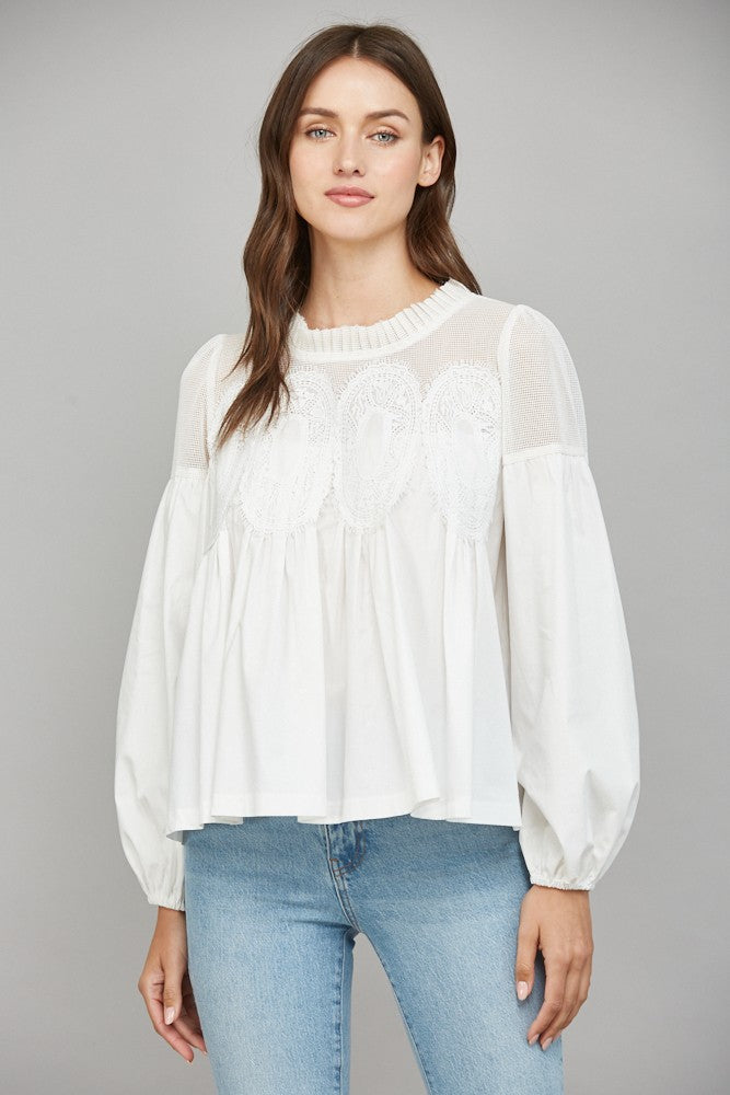 Fate lace applique contrast with long sleeve blouse