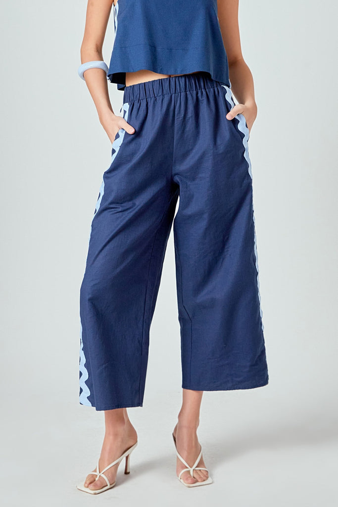 wide leg navy pant with ric rac detail