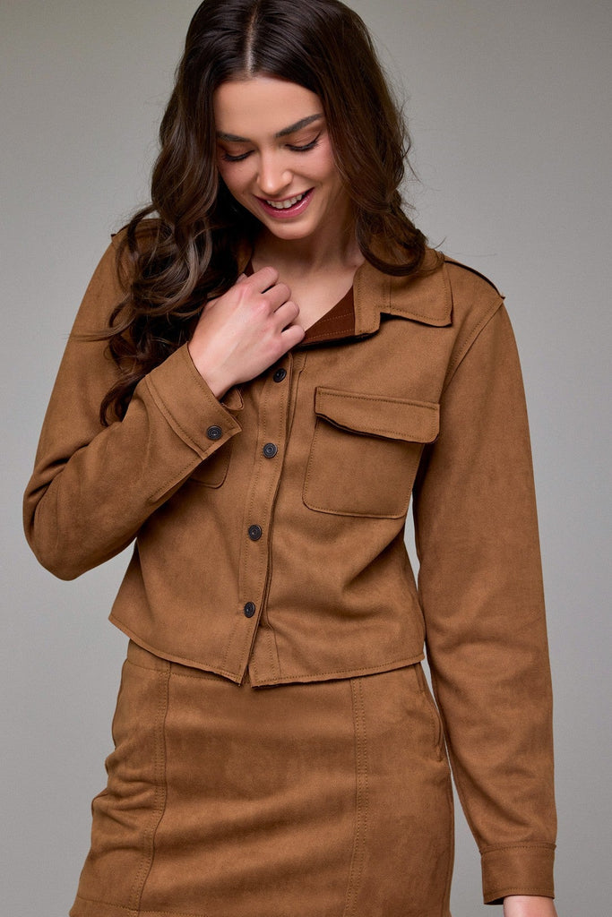 faux suede set, camel two piece outfit, suede mini skirt set, button up jacket and skirt, brown fall set, women’s suede co-ord, chic fall outfit, suede matching set, trendy neutral outfit, soft faux suede look, fall fashion 2025, camel skirt and top set