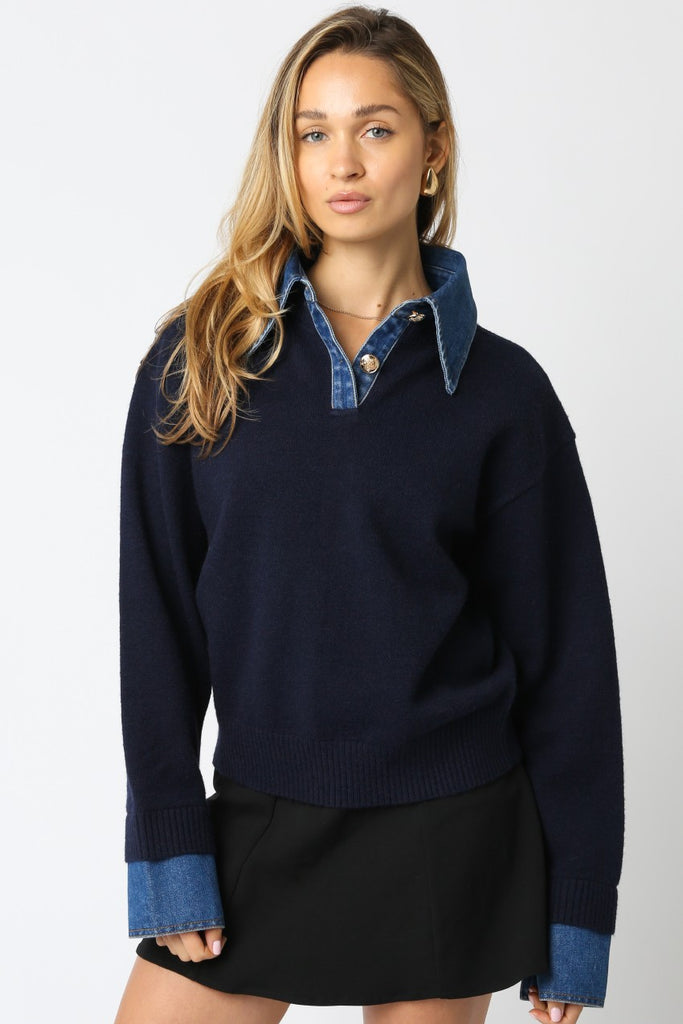 layered sweater, navy denim collar sweater, denim trim pullover, preppy layered knit, fall sweaters for women, collared sweater, casual chic sweater, navy pullover, elevated basics, trendy fall 