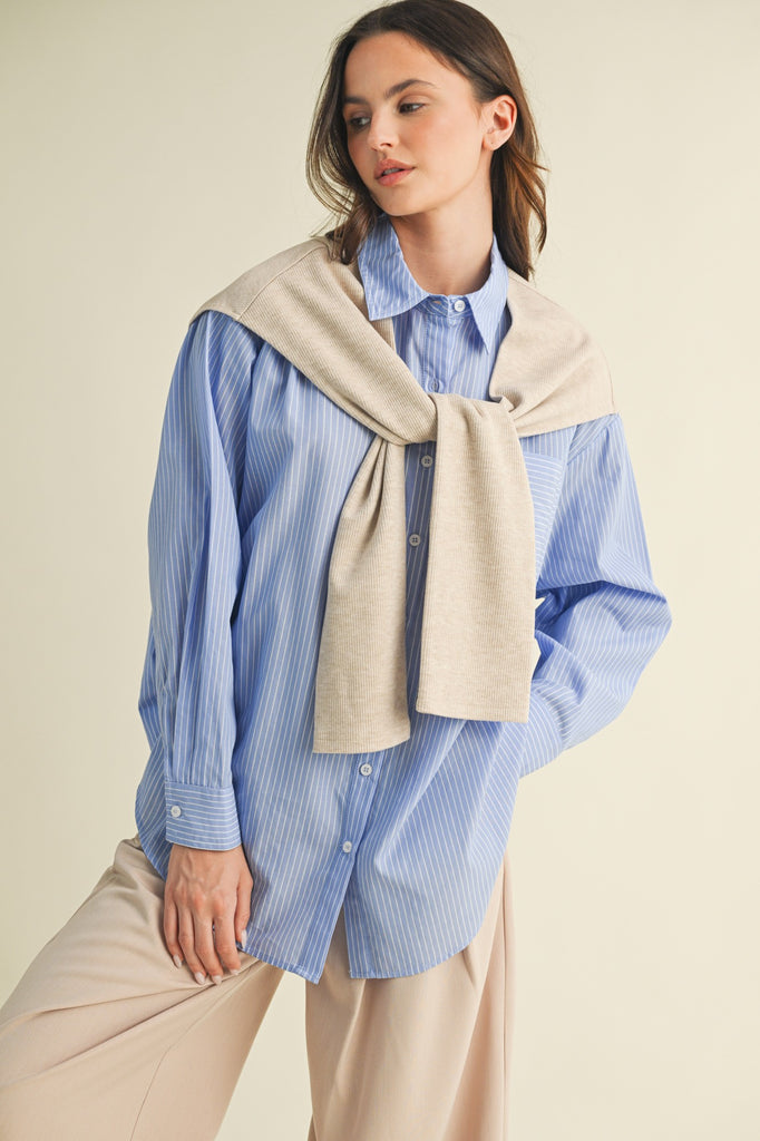 striped shirt, oversized blouse, layered top, button-down, preppy style, mixed media shirt, fall fashion, casual chic