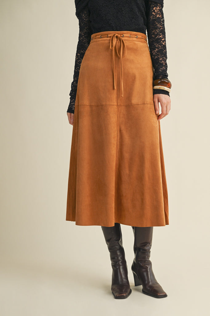 faux suede skirt, camel midi skirt, tie waist skirt, fall fashion, A-line skirt, boho chic, vegan suede, elevated basics, neutral tone skirt.
