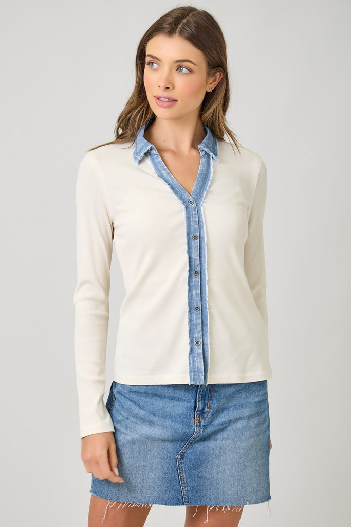 contrast collar top, ivory knit top, denim trim shirt, casual chic, button-down blouse, elevated basics, everyday style.