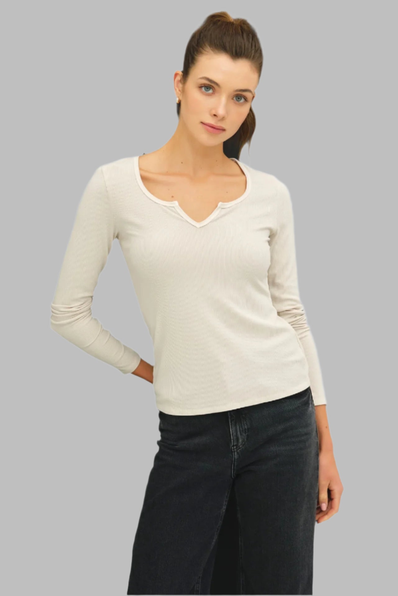 split neck long sleeve top