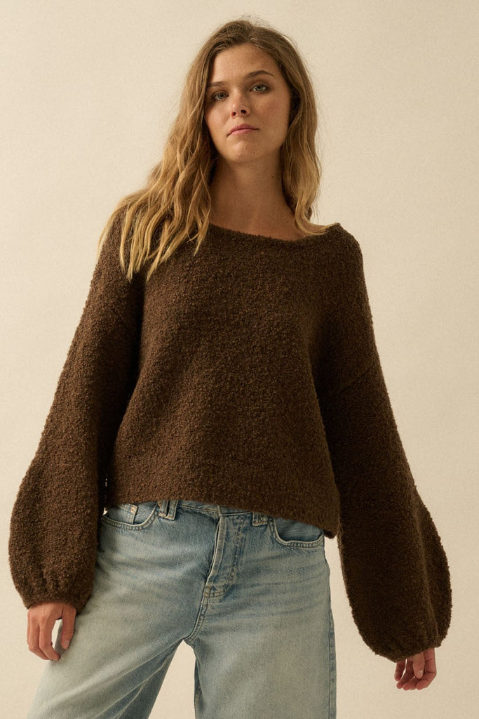 teddy knit sweater, brown boucle sweater, cozy fall sweater, chocolate brown knit top, relaxed fit pullover, women’s soft sweater, oversized cozy top, warm winter knitwear, fuzzy textured sweater, fall fashion must-have, casual chic knit, brown cold weather outfit