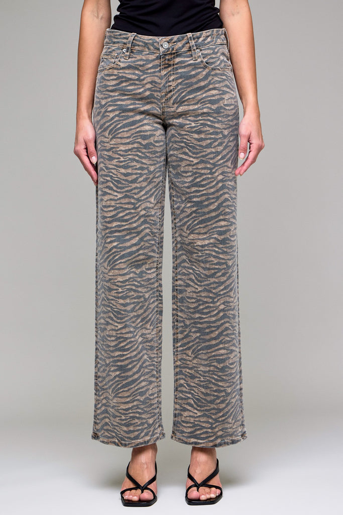 tiger print jeans, animal print pants women, wide leg denim, taupe tiger jeans, trendy printed jeans, neutral print denim, high rise animal print pants, statement jeans for women, fall fashion denim, tiger wide leg jeans, chic printed denim trousers
