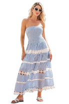 strapless midi dress, smocked bodice dress, tiered midi dress, feminine summer dress, vacation ready dress, resort wear dress, lightweight midi dress, effortless day dress, boutique summer dress, flowy midi dress, lace detail dress, vacation outfit dress, spring summer midi dress, feminine tiered dress, easy throw on dress, travel ready outfit, warm weather dress, chic resort dress, casual elevated dress, boutique fashion dress