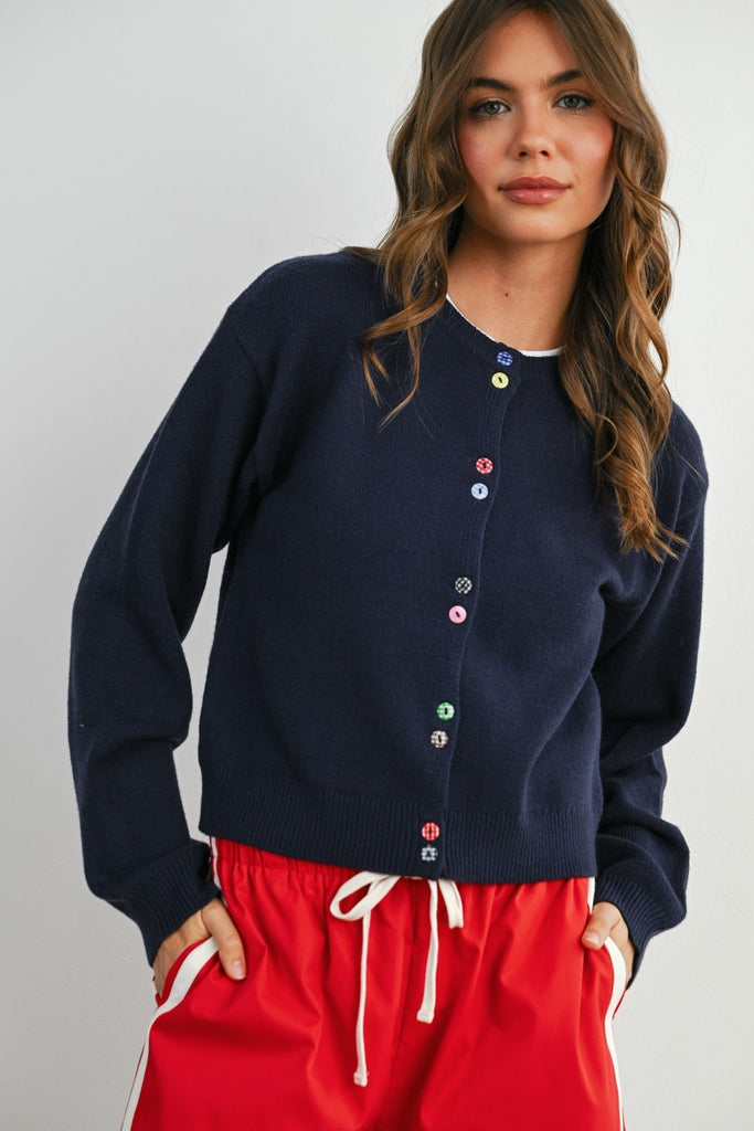 navy cardigan, colorful button cardigan, playful sweater, soft knit cardigan, crewneck sweater, button up cardigan women, Whim sweater, cozy fall layers, navy knit top, preppy cardigan, grey cardigan