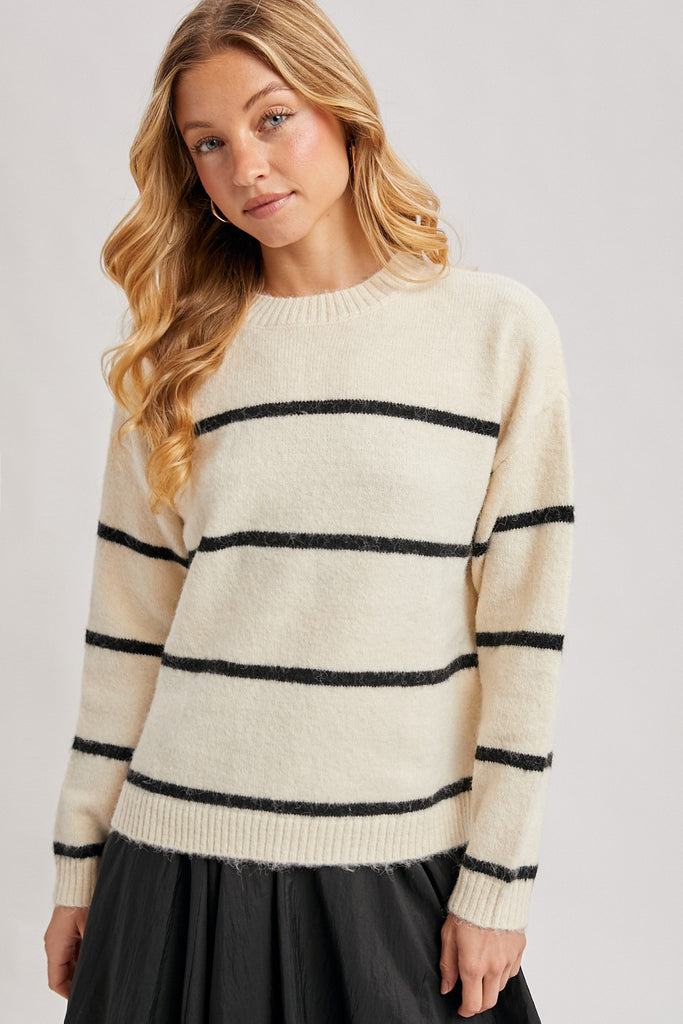 striped sweater women, cream striped sweater, classic knit sweater, everyday sweater women, neutral striped sweater, cozy fall sweater, women’s knit top, timeless wardrobe staples